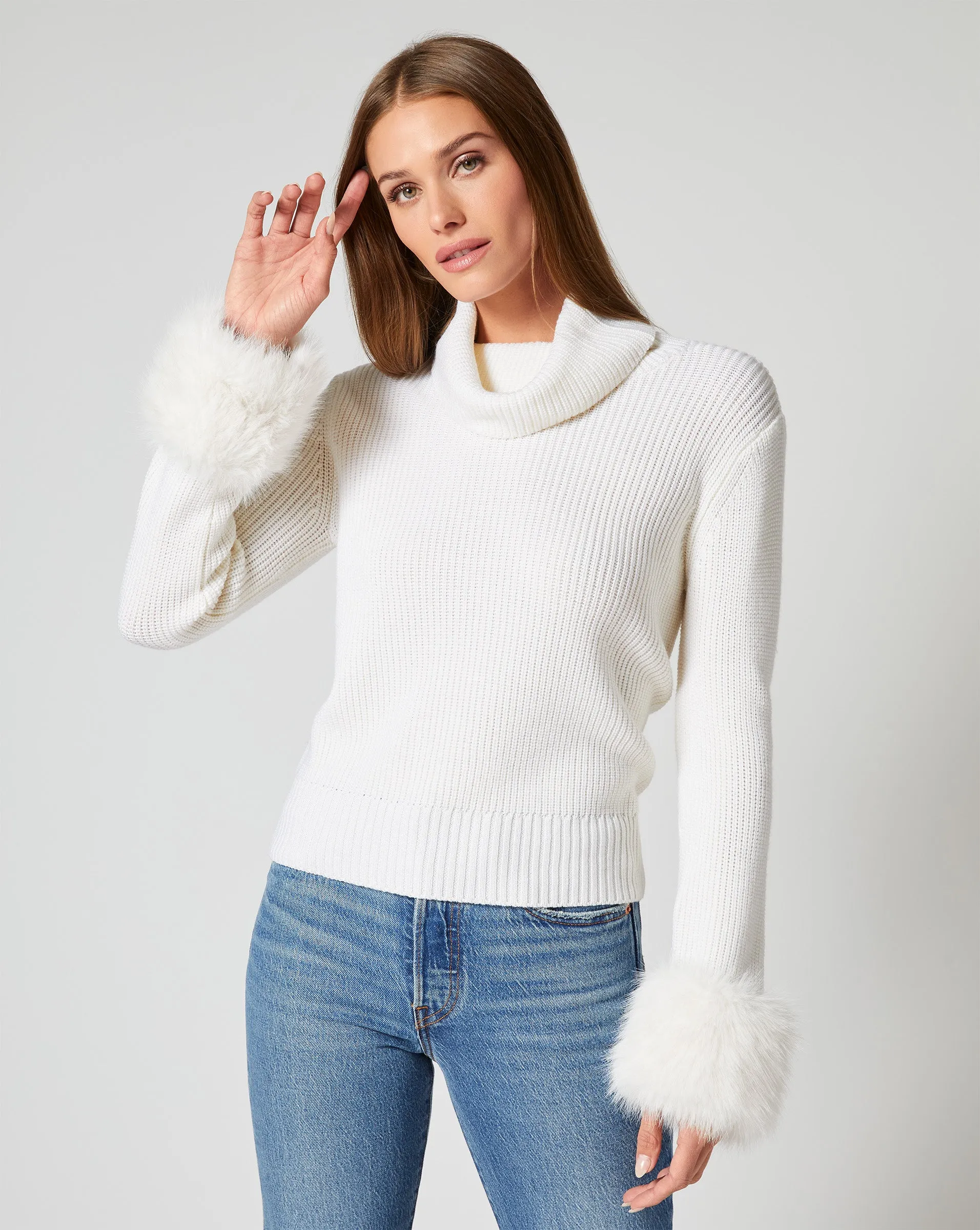 Alps Faux Fur Turtleneck Wool Sweater