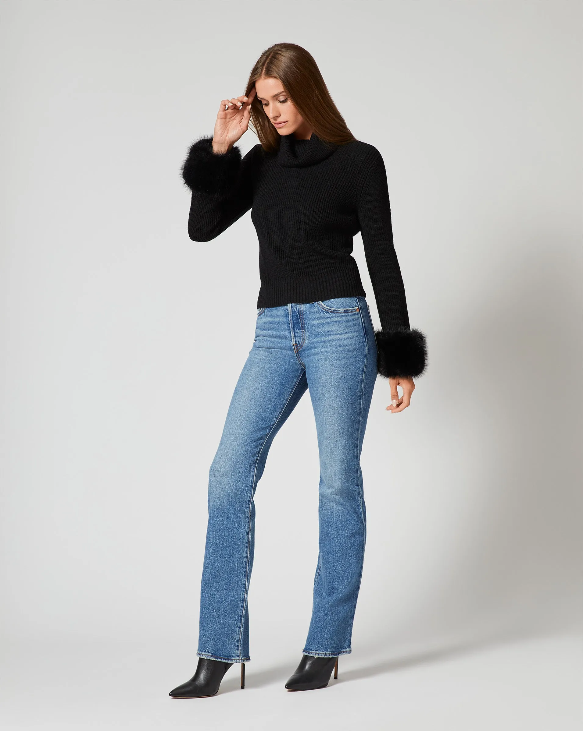 Alps Faux Fur Turtleneck Wool Sweater