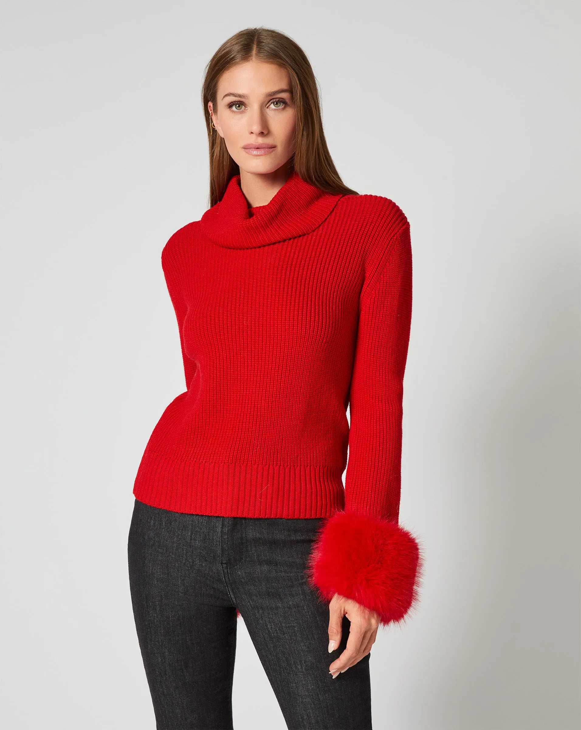 Alps Faux Fur Turtleneck Wool Sweater