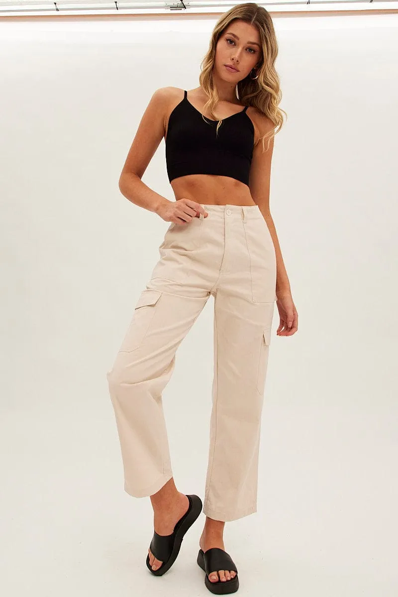 Beige Cargo Pants Mid Rise