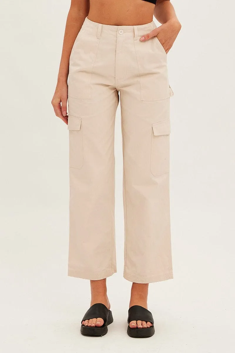 Beige Cargo Pants Mid Rise