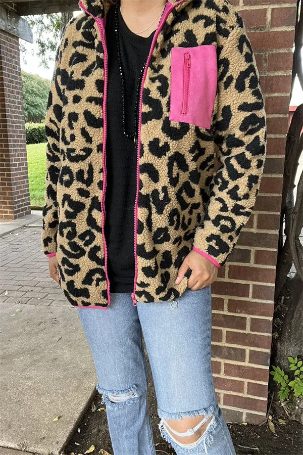 BQ15489 Black/beige leopard w/front pockets&fuchsia zipper long sleeve women coats/jackets wholesale