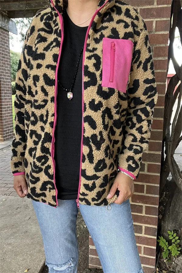 BQ15489 Black/beige leopard w/front pockets&fuchsia zipper long sleeve women coats/jackets wholesale