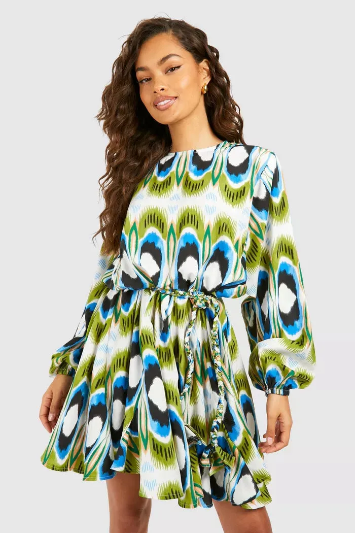 Bright geo print godet mini dress in multi