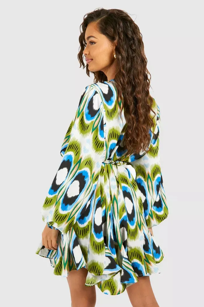 Bright geo print godet mini dress in multi