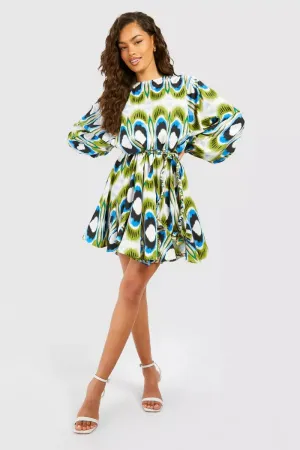 Bright geo print godet mini dress in multi