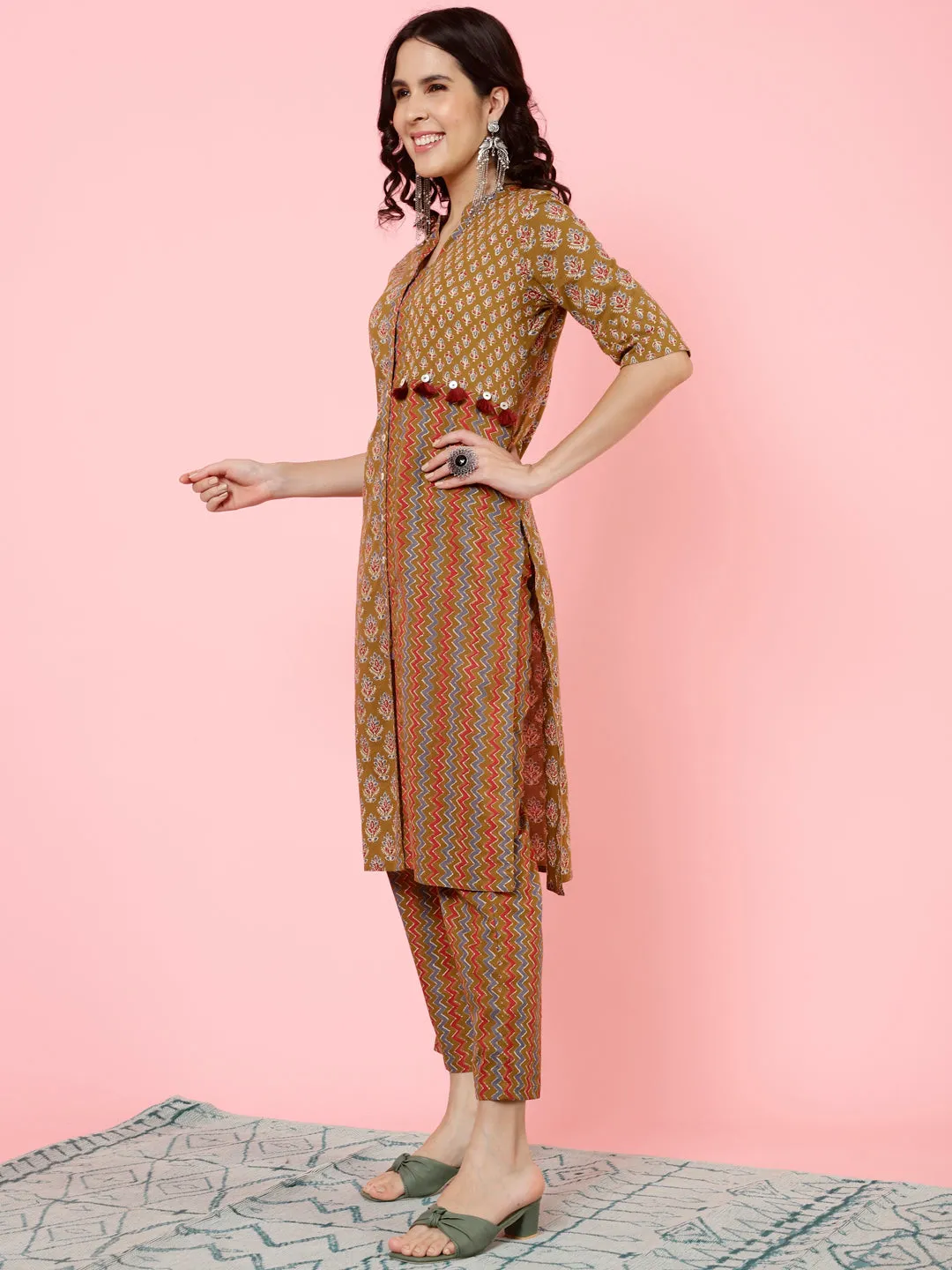 Brown Ethnic Printed Straight Kurta With Pants