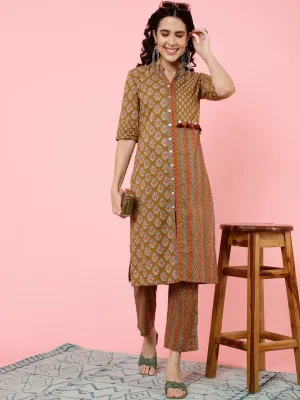 Brown Ethnic Printed Straight Kurta With Pants