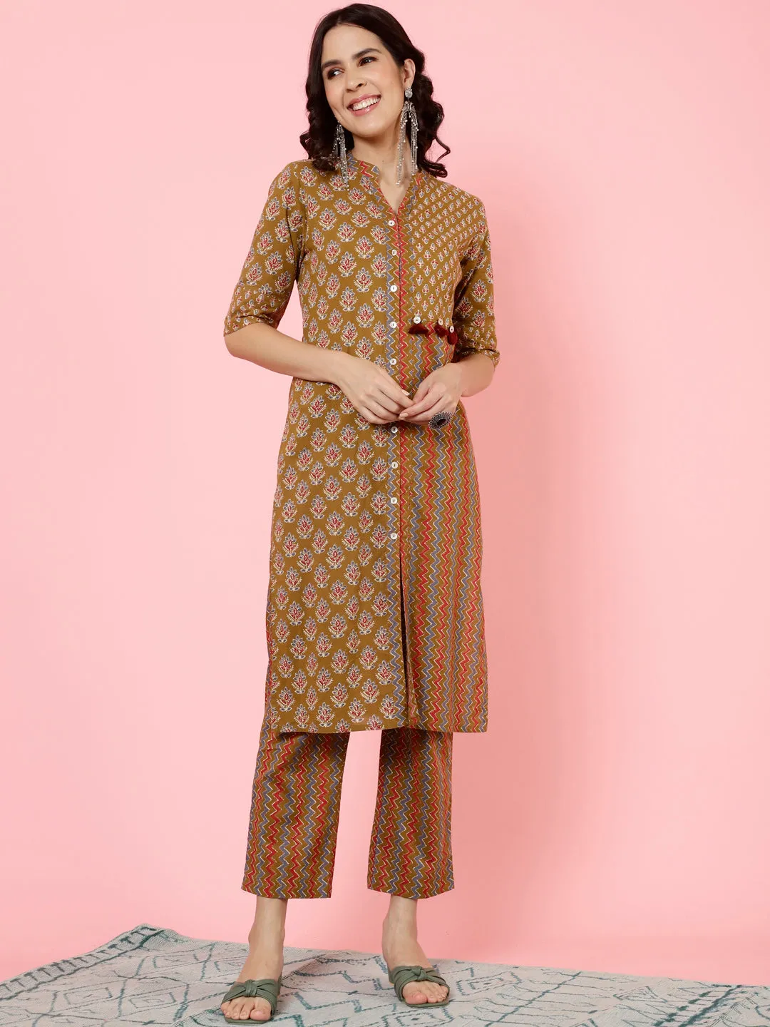 Brown Ethnic Printed Straight Kurta With Pants