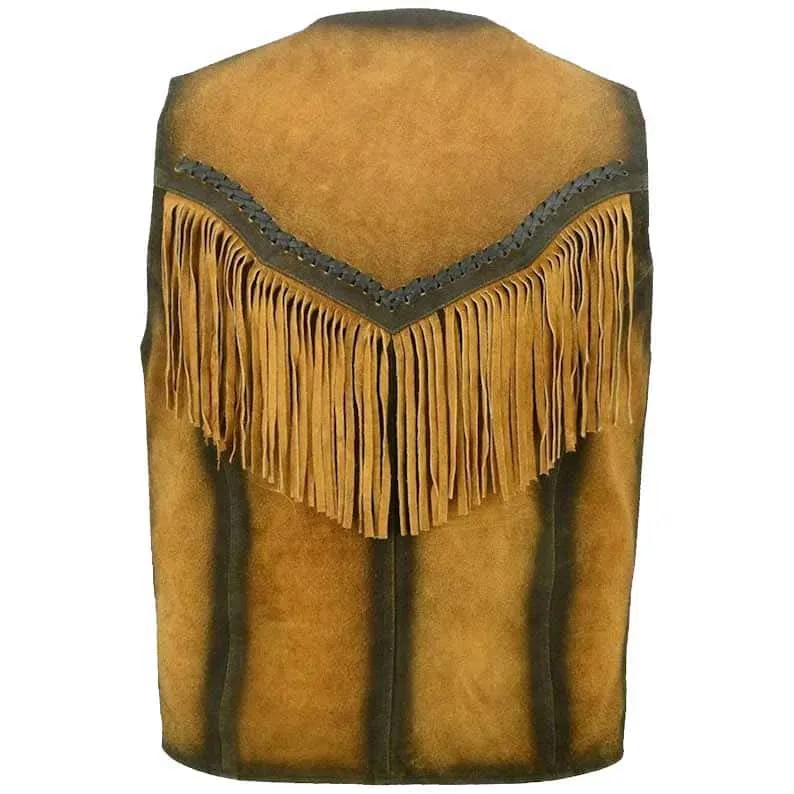 Brown Suede Cowboy Leather Vest for Men with Stylish Fringe