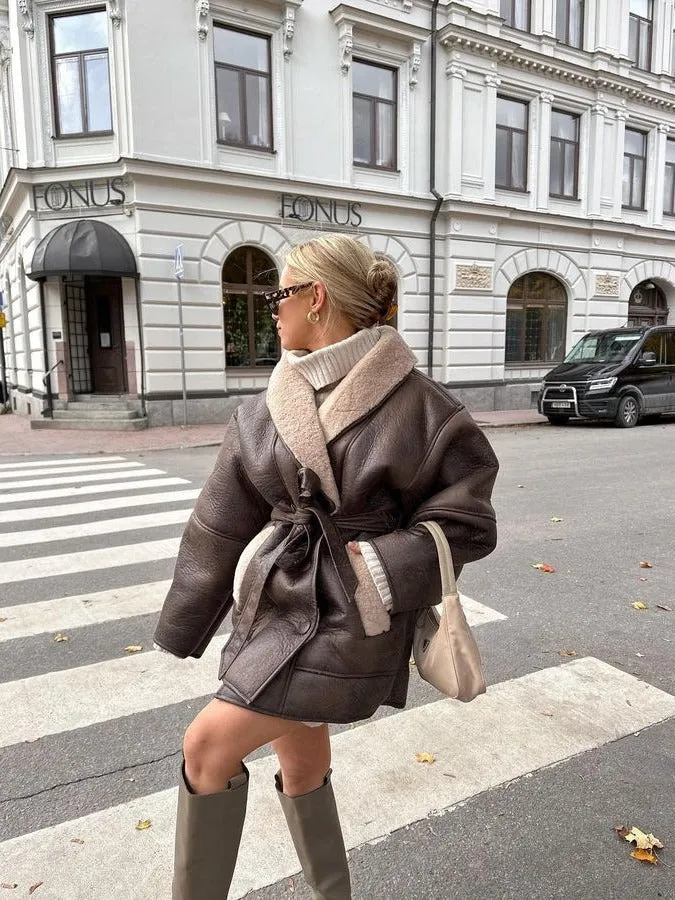 Cashmere Leather Fur Collar Composite Belt Coat