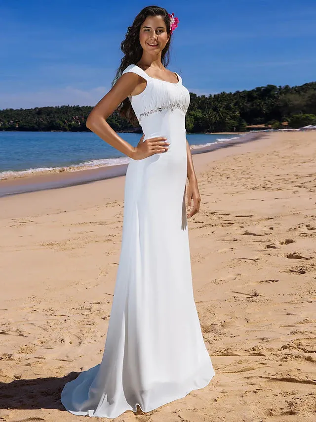 Casual Wedding Dresses Sweep  Cap Sleeve Scoop Neck Chiffon With Beading Draping