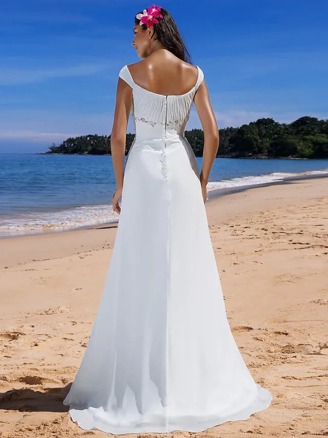 Casual Wedding Dresses Sweep  Cap Sleeve Scoop Neck Chiffon With Beading Draping