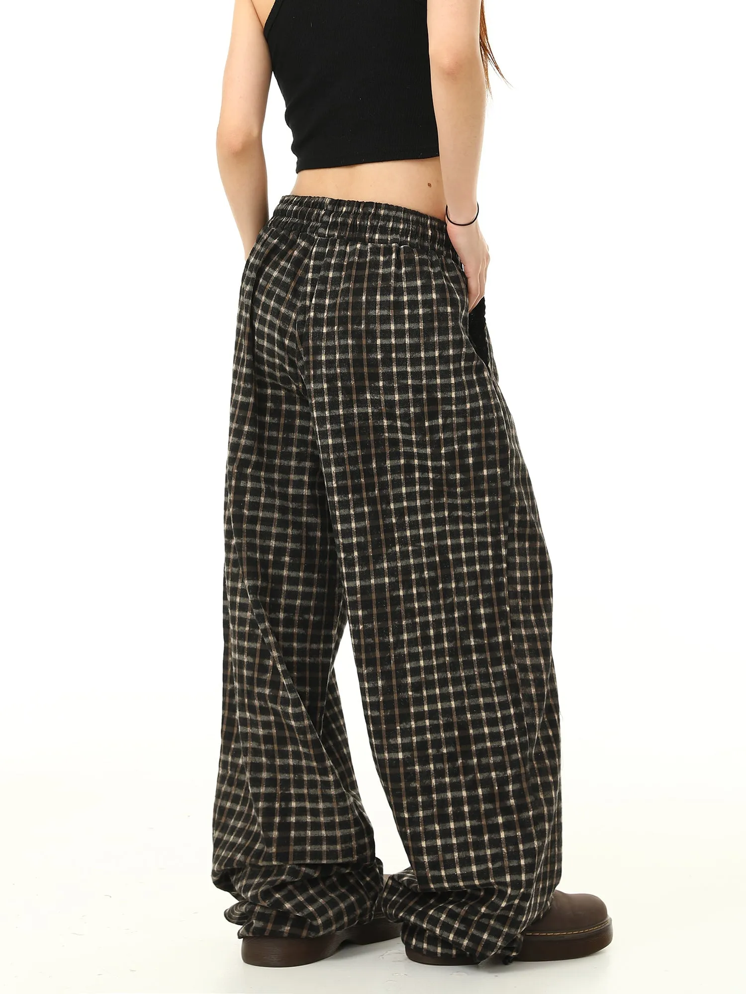 Check Print Wide Leg Track Pants