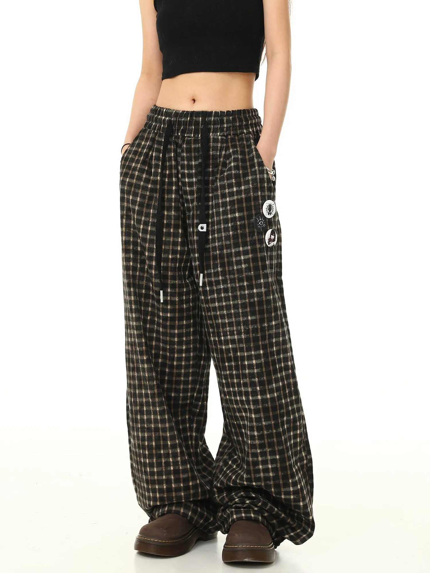 Check Print Wide Leg Track Pants