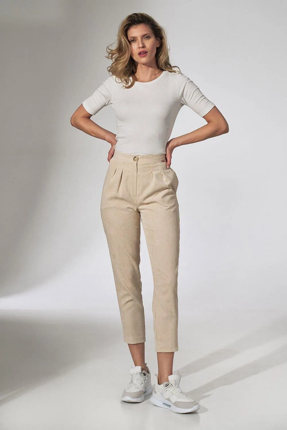 Chic Beige Corduroy Trousers with Elegant Pleats and Tapered Fit