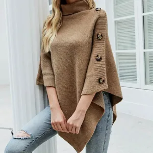 Chic Women's Turtleneck Poncho with Fashionable Side Buttons