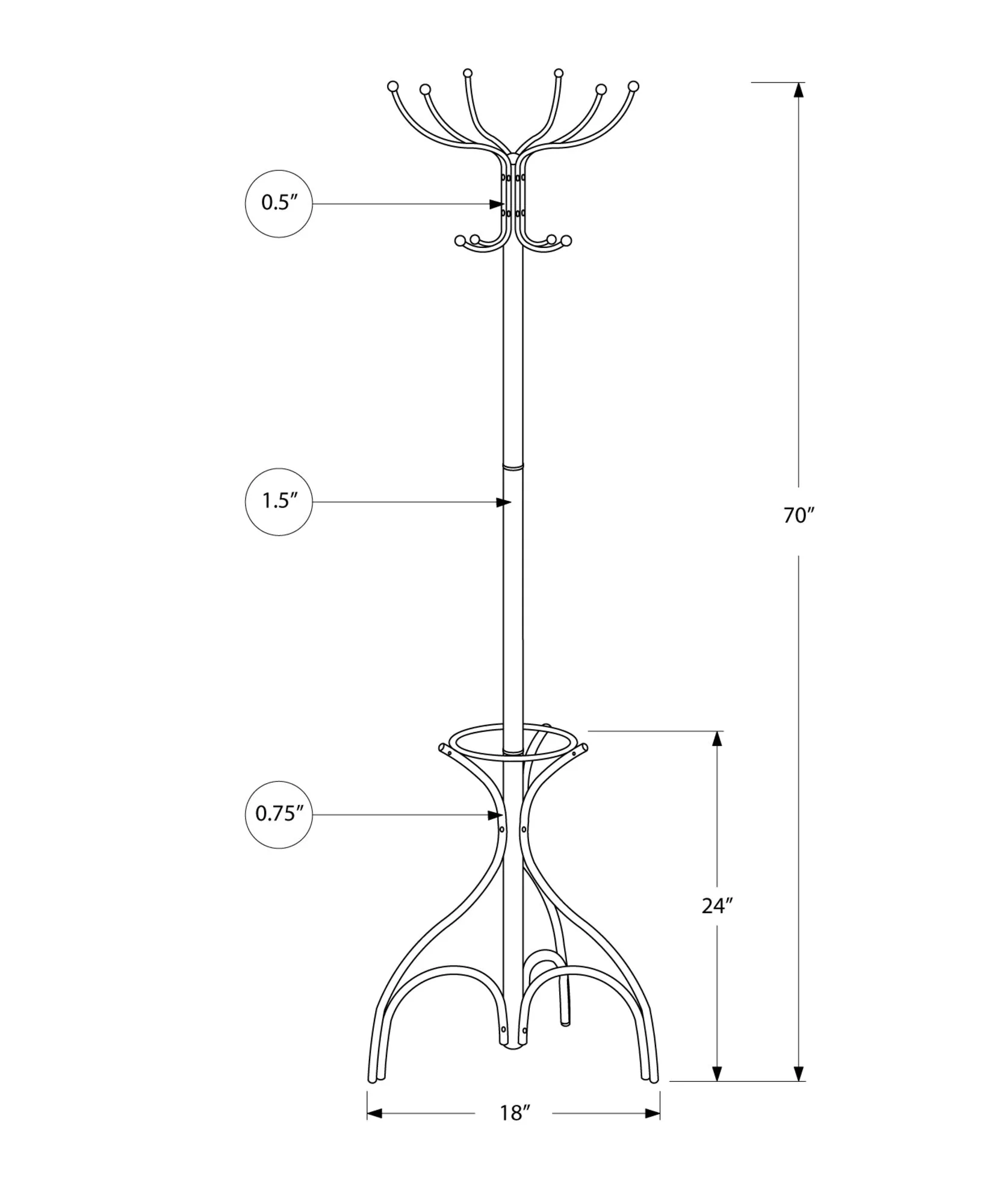 Coat Rack - 70"H / Black Metal With An Umbrella Holder