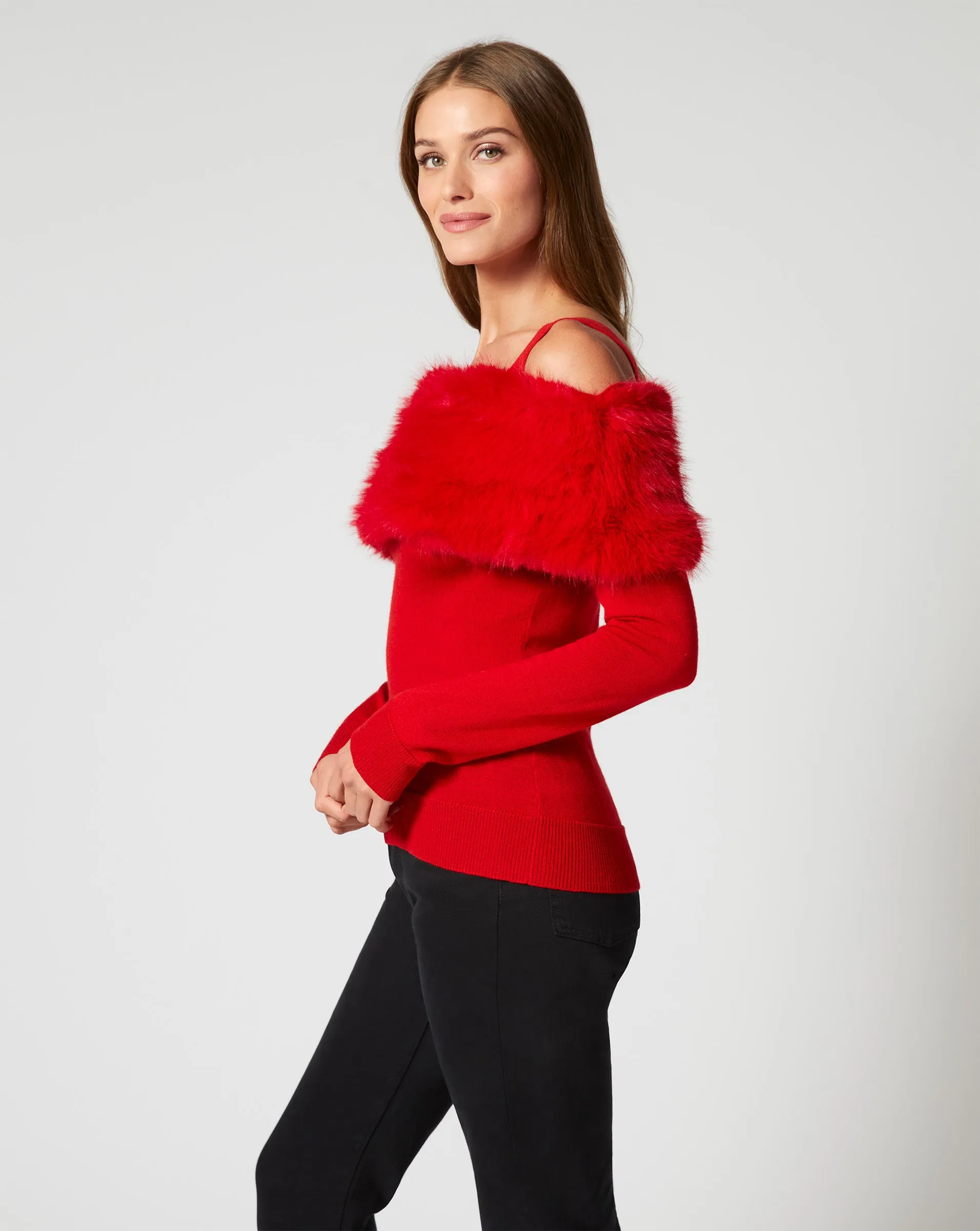 Cold Shoulder Faux Fur & Wool Sweater