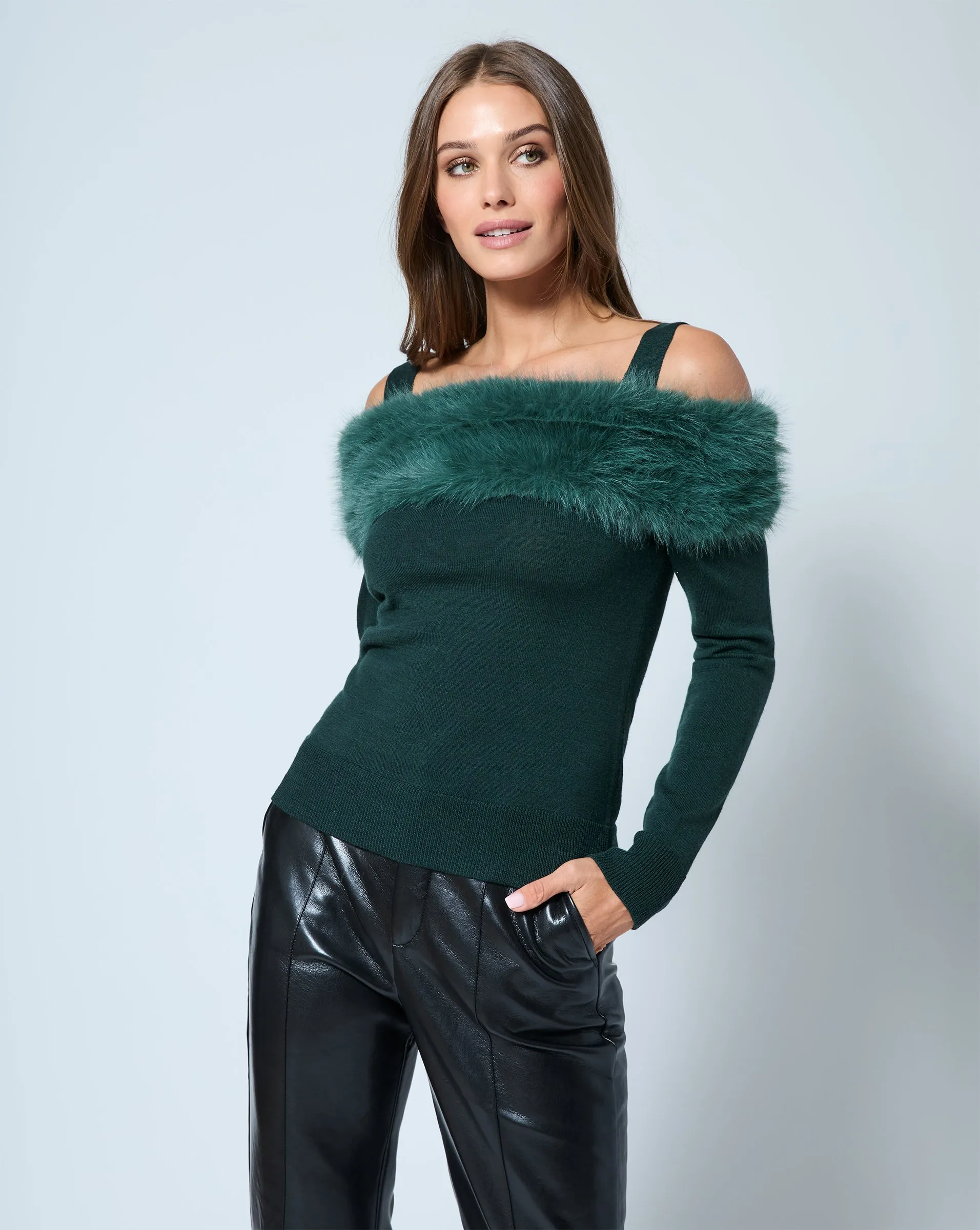 Cold Shoulder Faux Fur & Wool Sweater