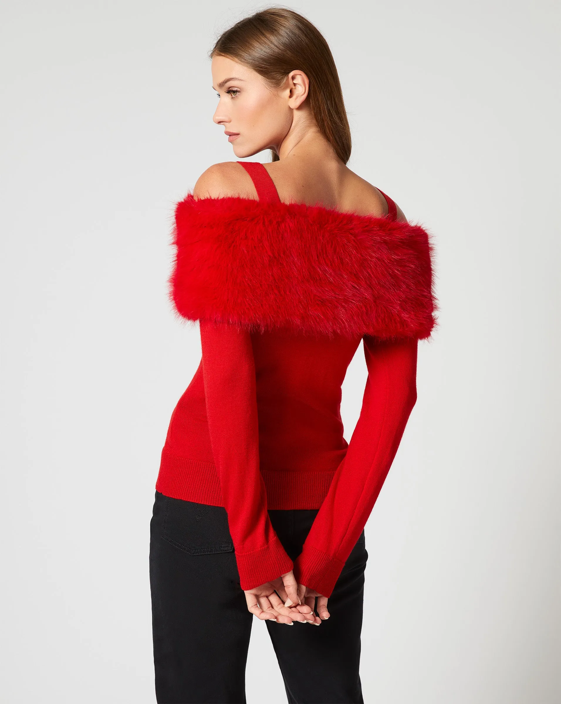 Cold Shoulder Faux Fur & Wool Sweater