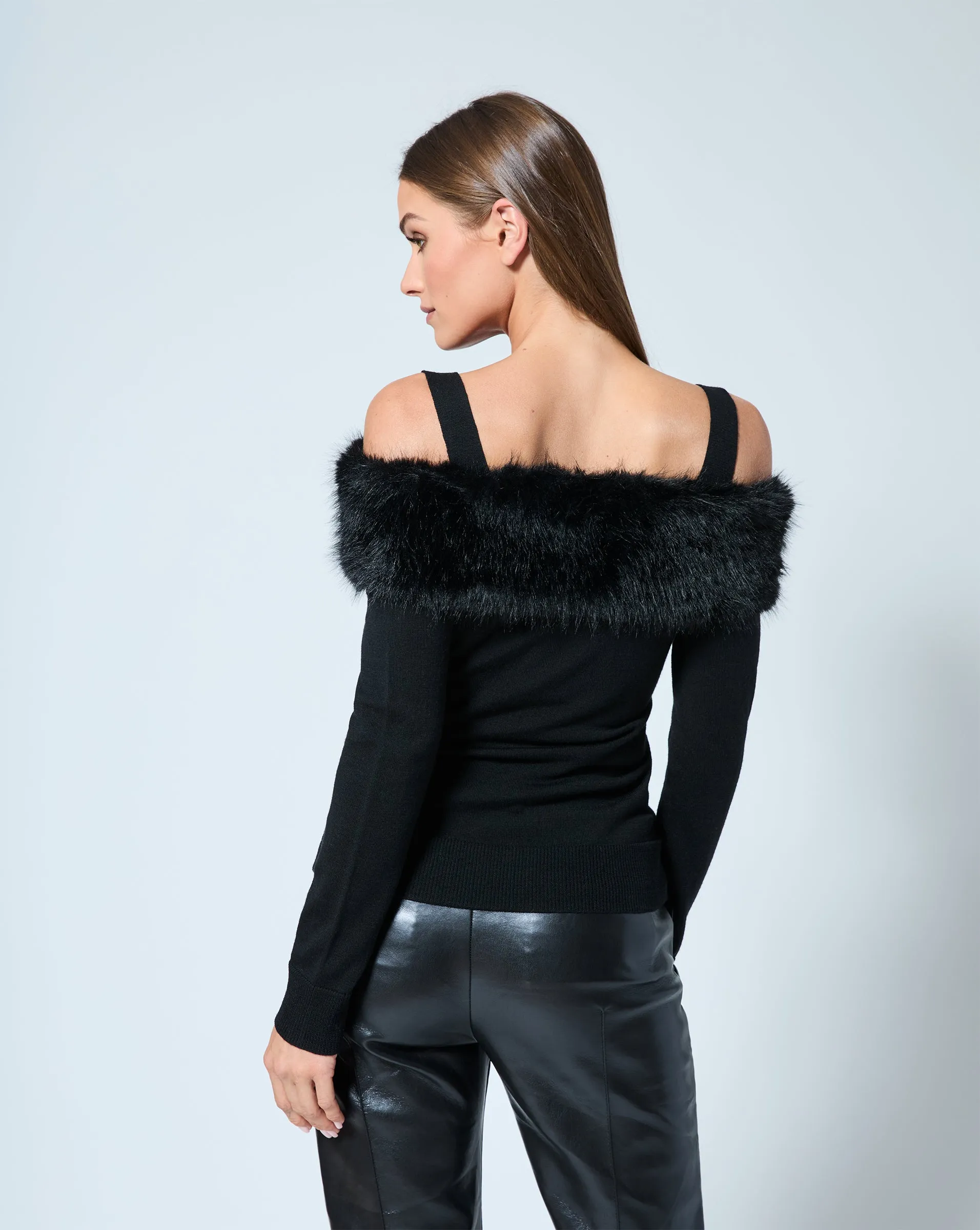 Cold Shoulder Faux Fur & Wool Sweater