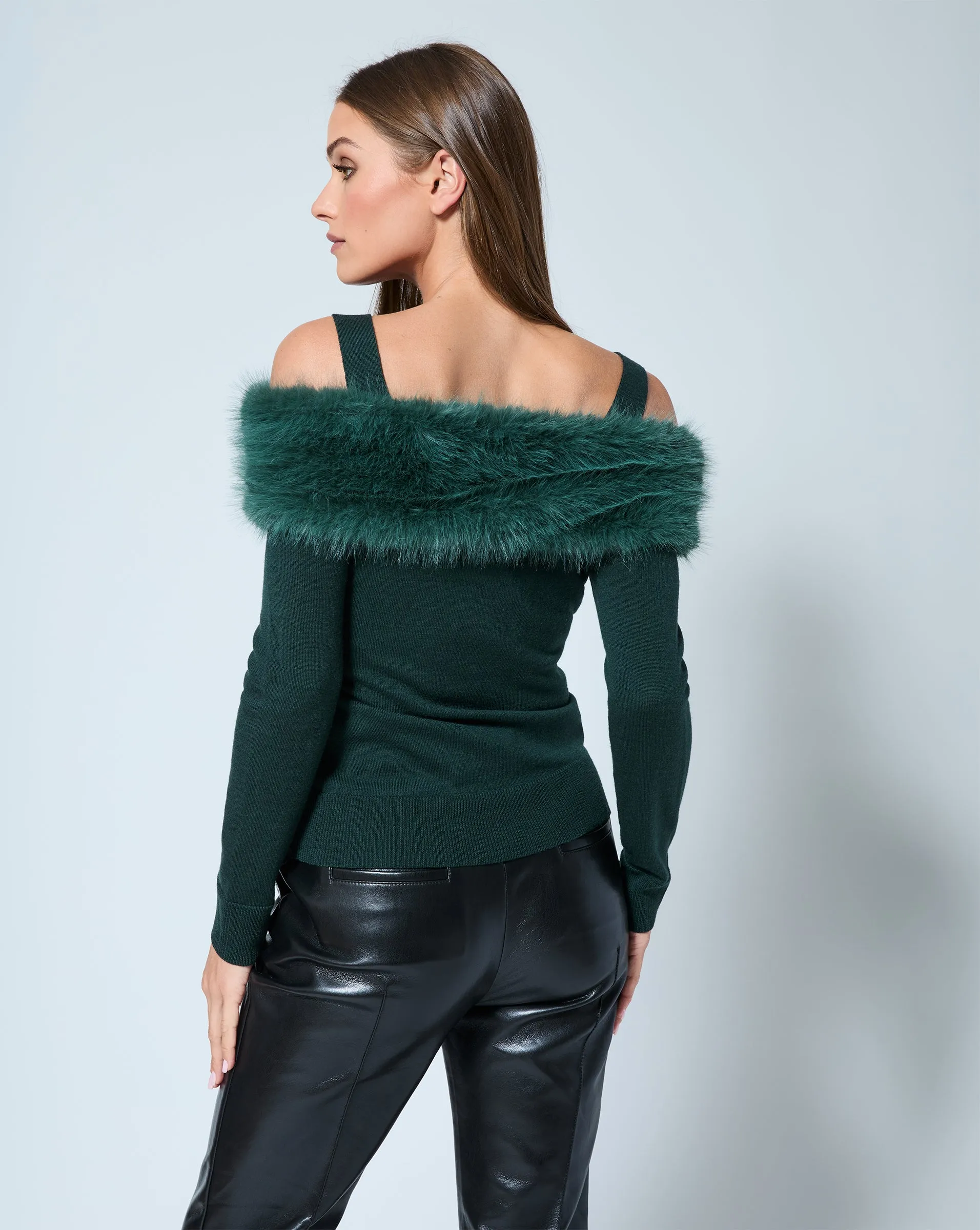 Cold Shoulder Faux Fur & Wool Sweater