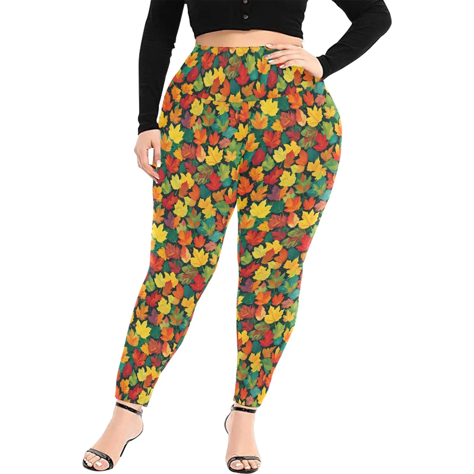 Colorful Leaves Women's Plus Size High Waited Leggings Women's High Waist Leggings(Plus Size)(ModelL45)