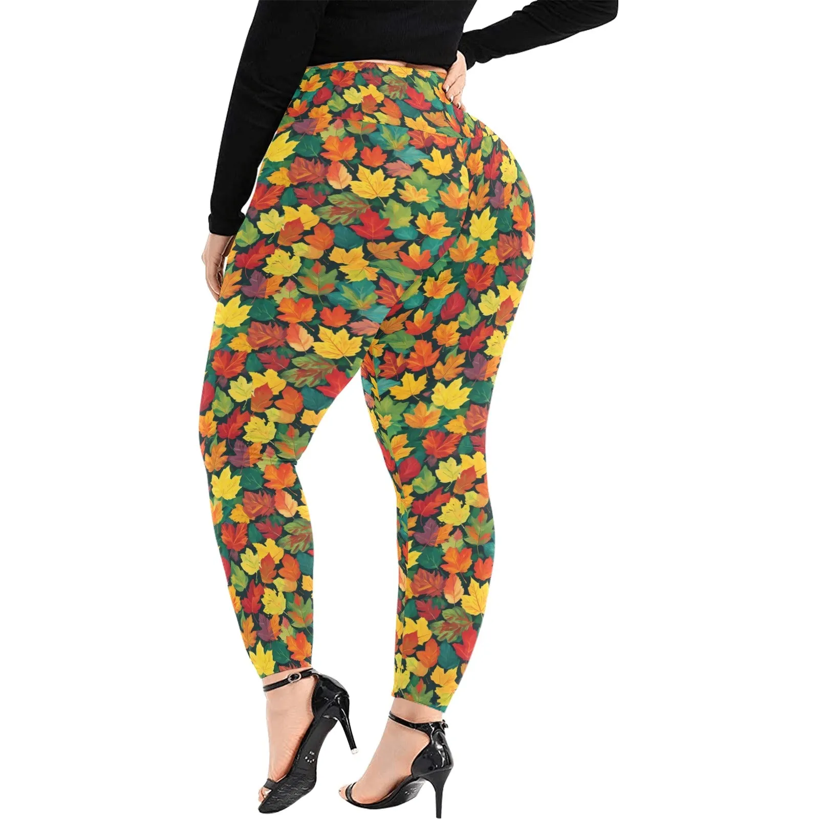 Colorful Leaves Women's Plus Size High Waited Leggings Women's High Waist Leggings(Plus Size)(ModelL45)