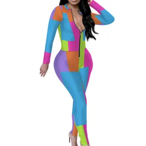 Colorful Women's Sexy Front Zip Bodysuit Long Sleeve Jumpsuit