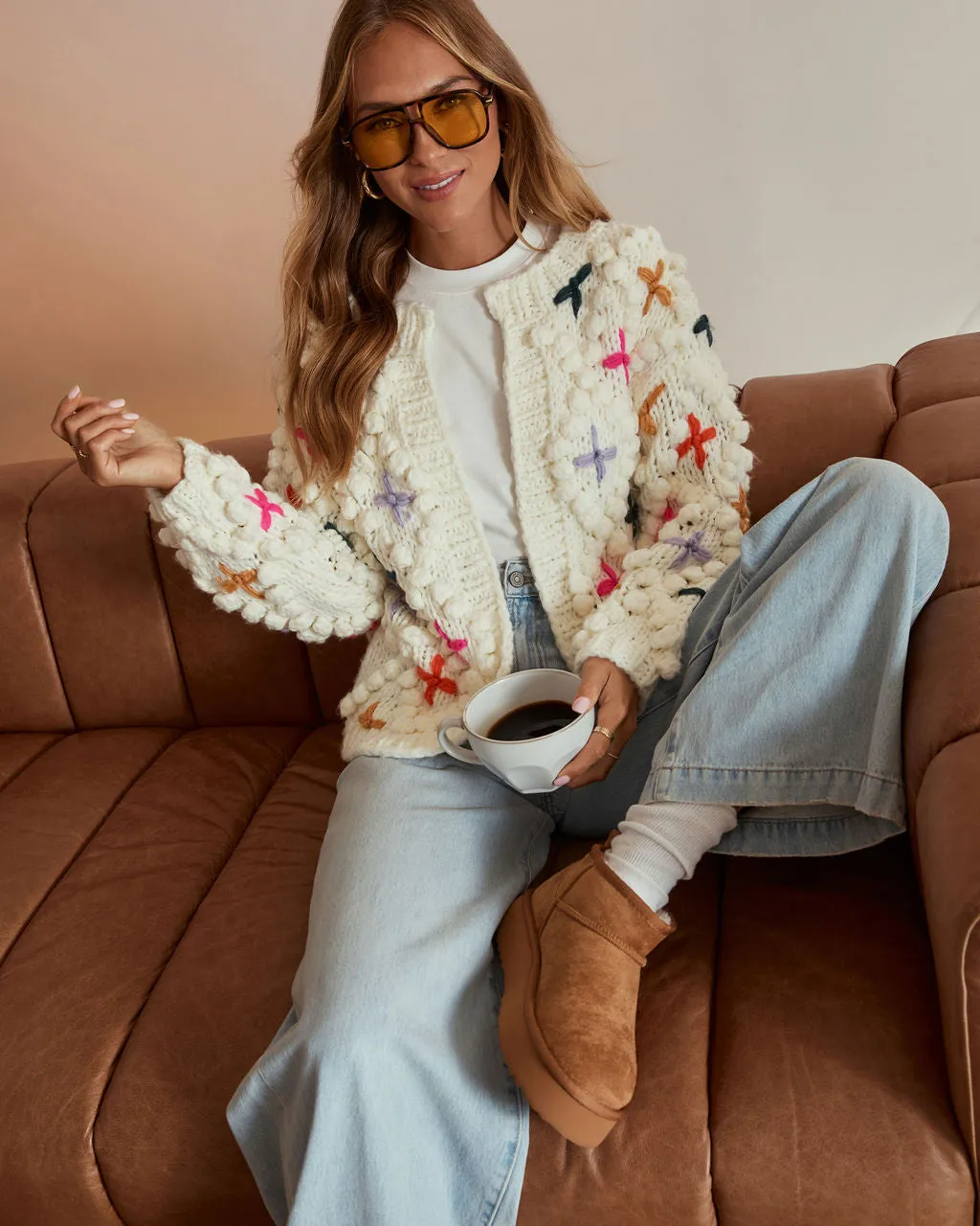 Cozy Moments Embroidered Pom Pom Cardigan