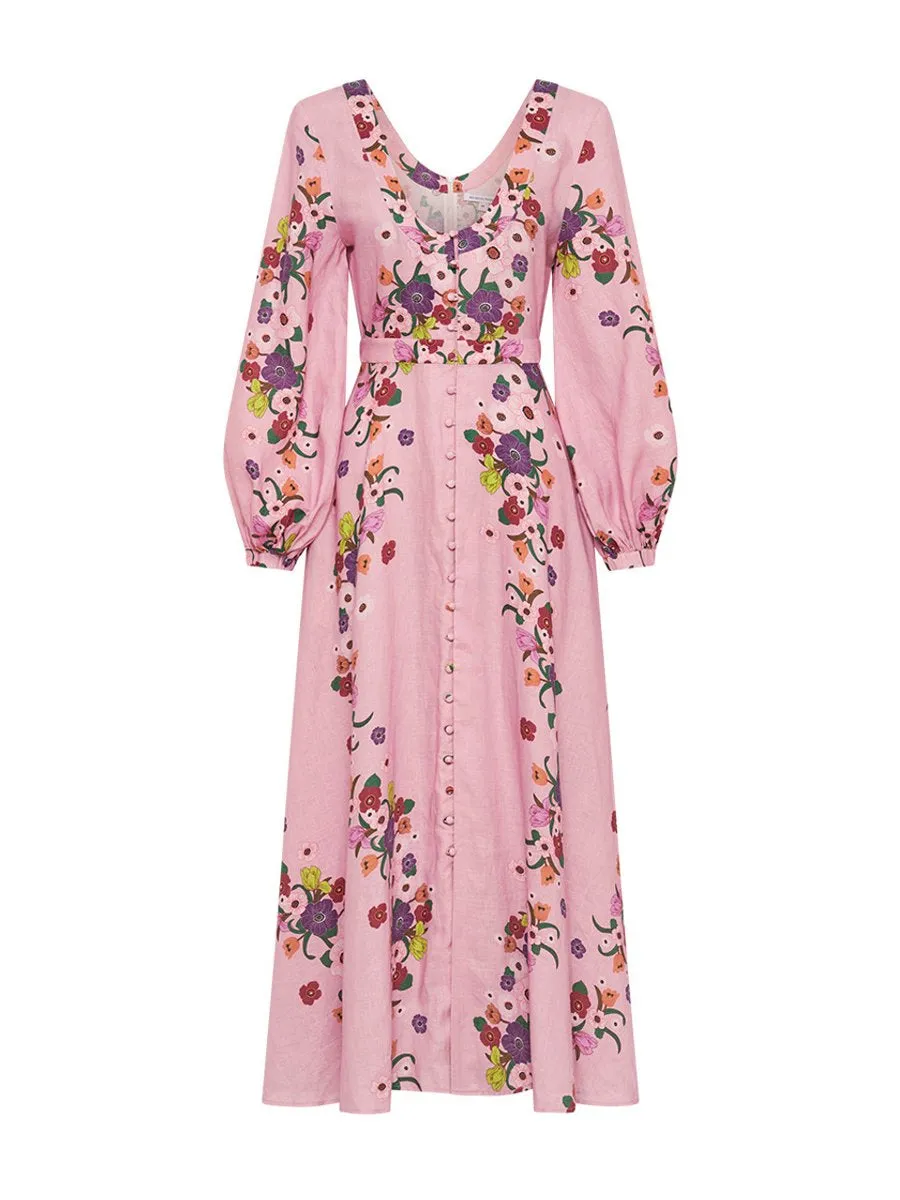 Deep V Neck Floral Print Long Sleeve Dress