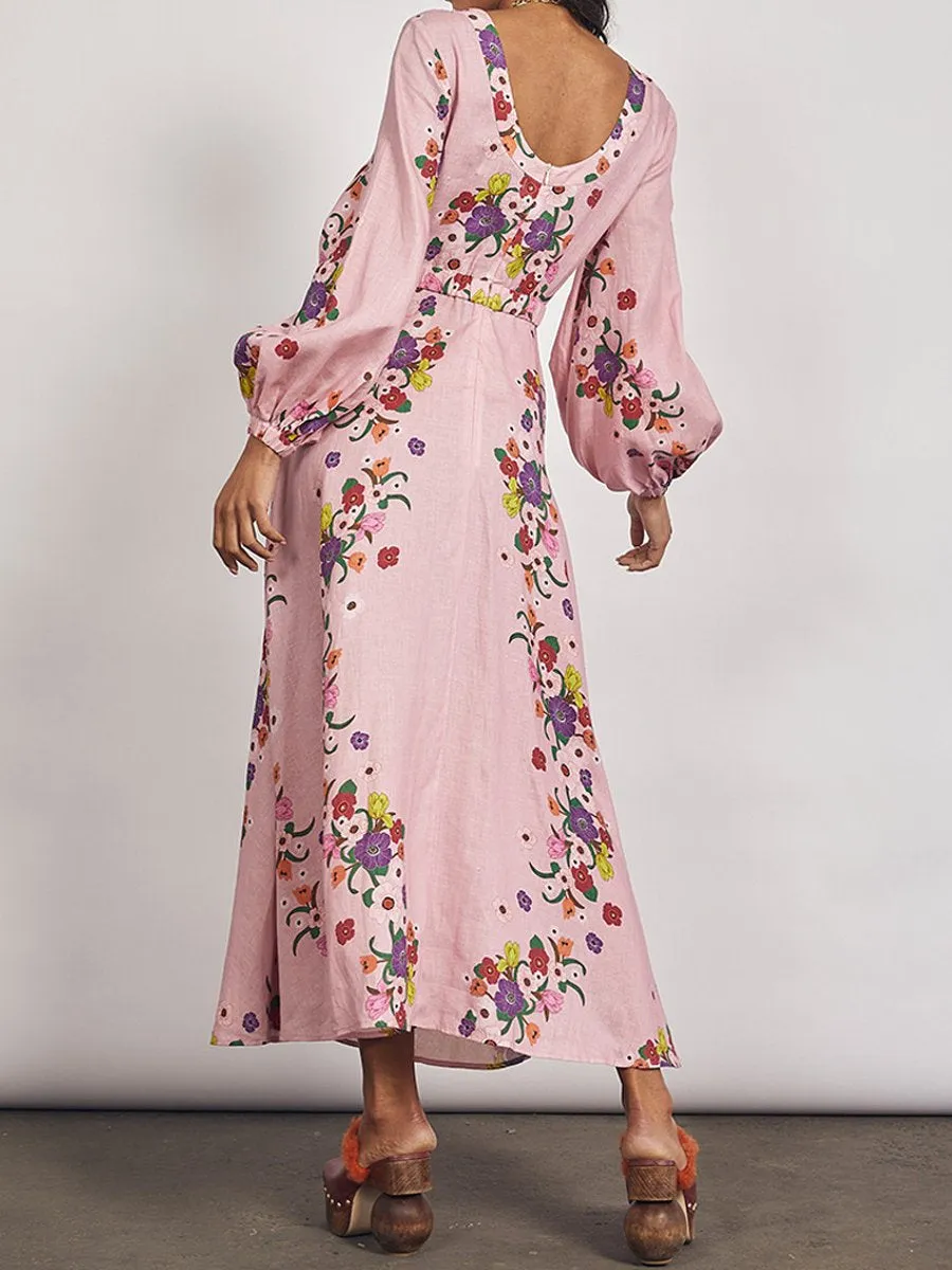 Deep V Neck Floral Print Long Sleeve Dress