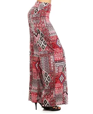 Foldover Palazzo Pants Checkered Aztec Red Pink