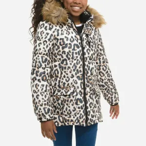 GA Fur Neck Sherpa Inside Warm Leopard Puffer Jacket 12003