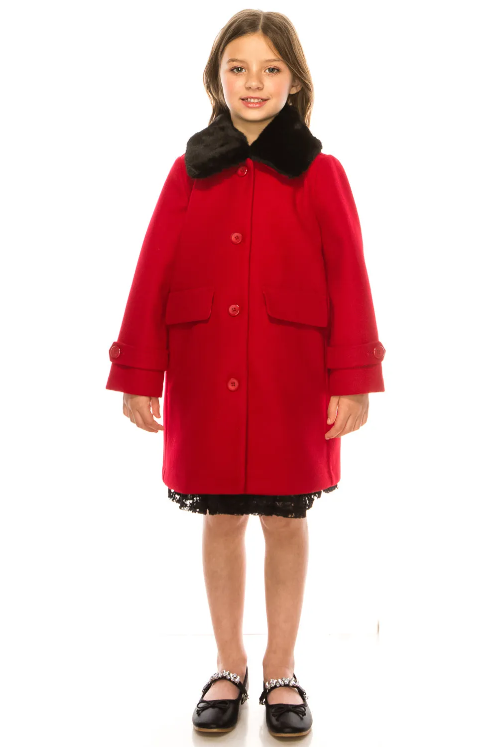 Girls Red Single Breasted Faux Fur Collar Winter Coat 2-16