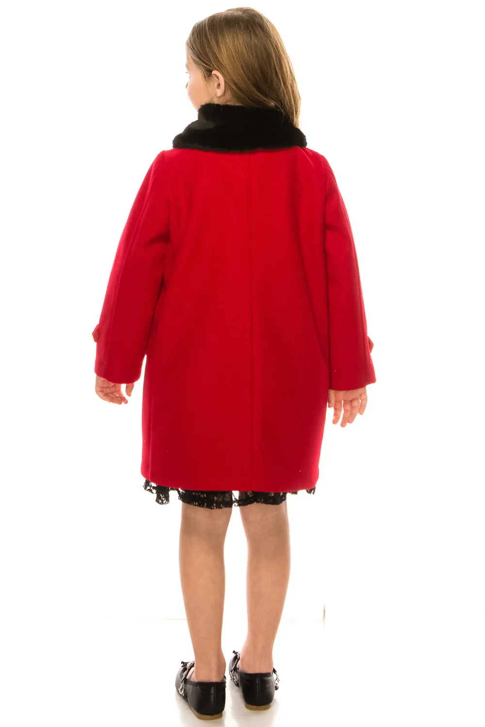 Girls Red Single Breasted Faux Fur Collar Winter Coat 2-16