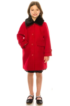 Girls Red Single Breasted Faux Fur Collar Winter Coat 2-16