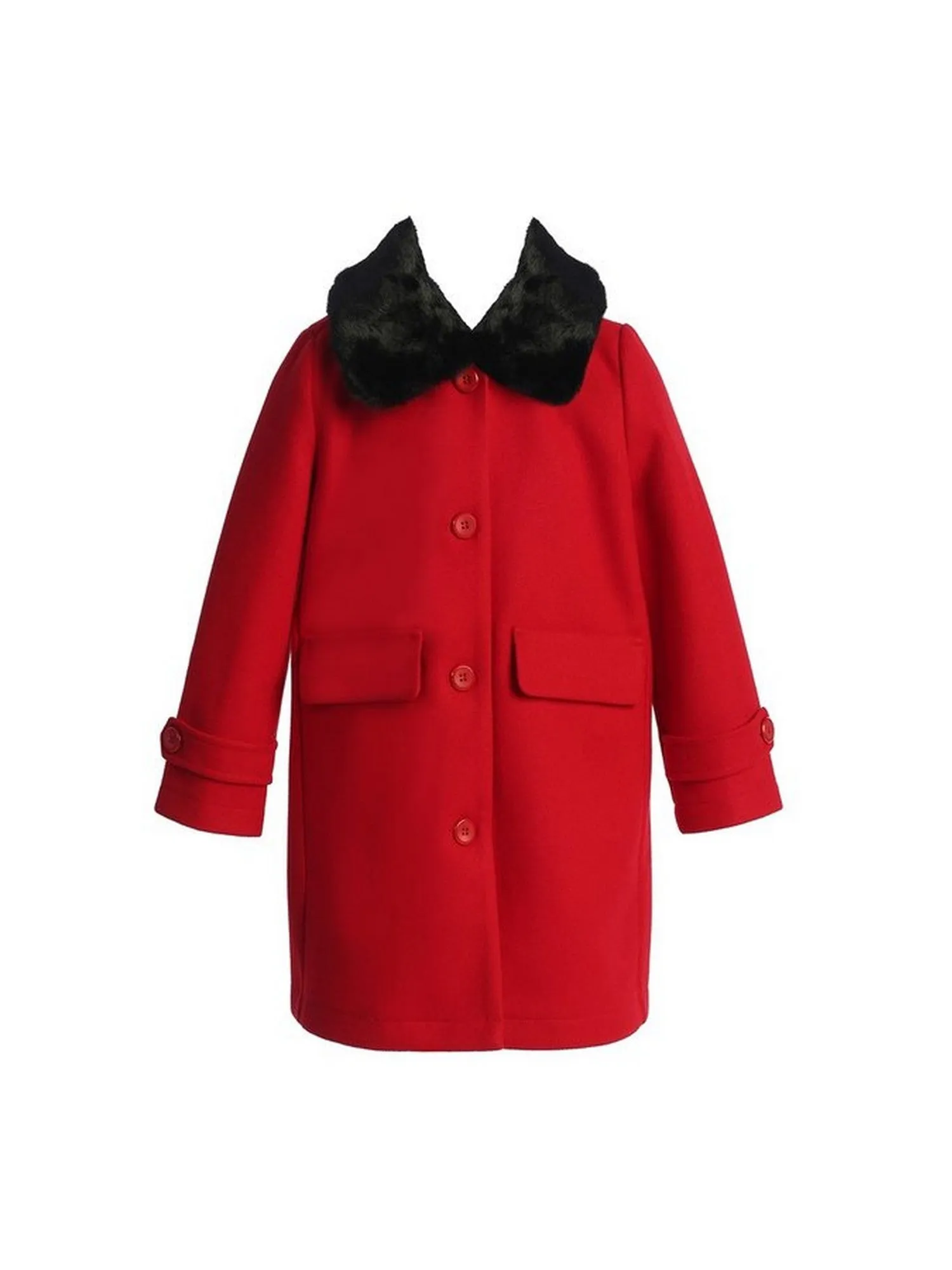 Girls Red Single Breasted Faux Fur Collar Winter Coat 2-16