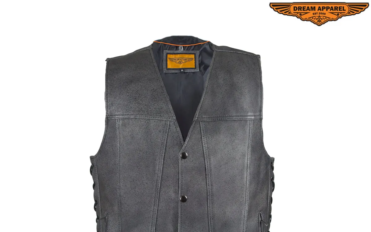 Gray Leather Club Vest with Gun Pockets & Side Laces