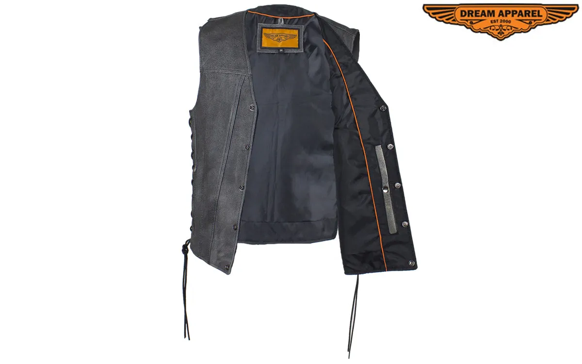 Gray Leather Club Vest with Gun Pockets & Side Laces