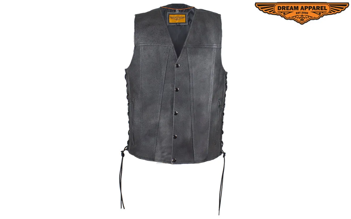 Gray Leather Club Vest with Gun Pockets & Side Laces