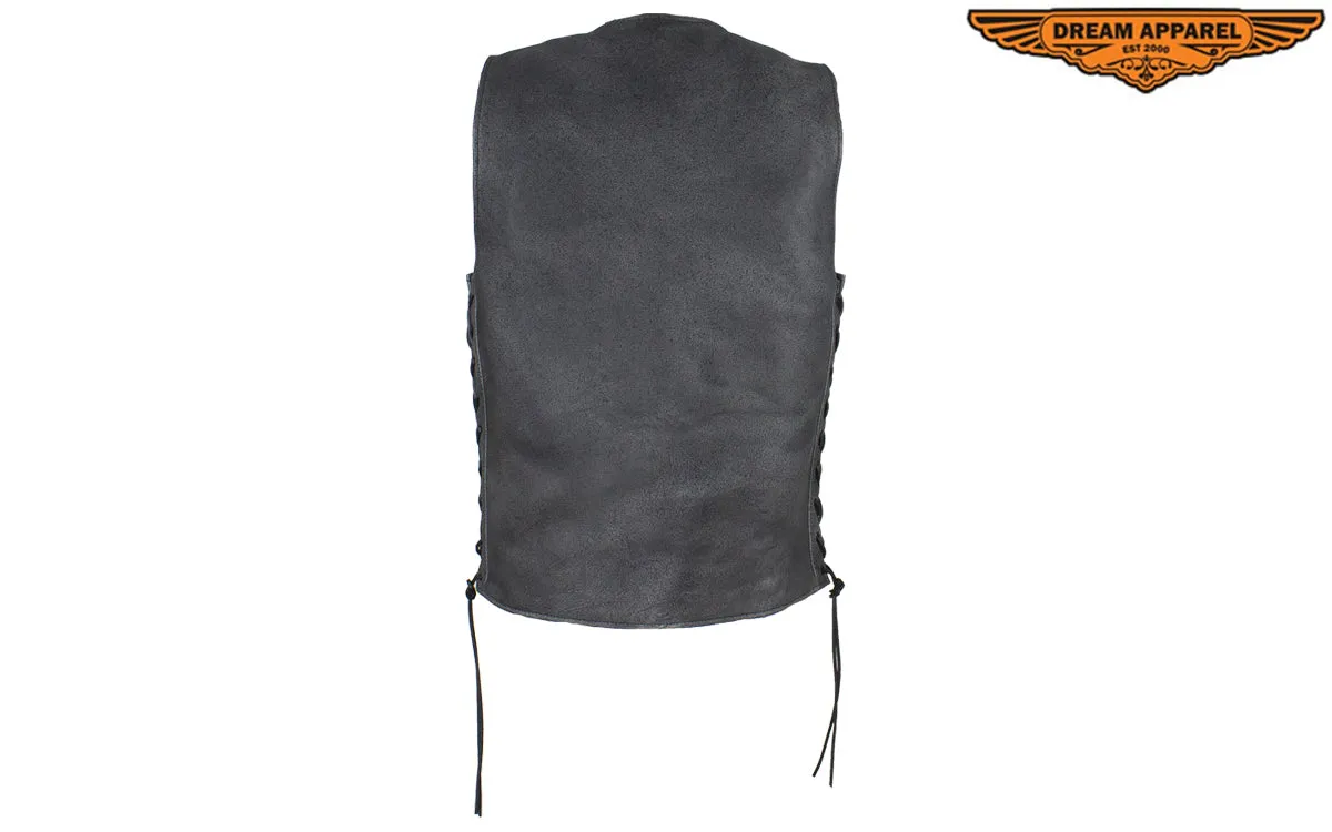 Gray Leather Club Vest with Gun Pockets & Side Laces