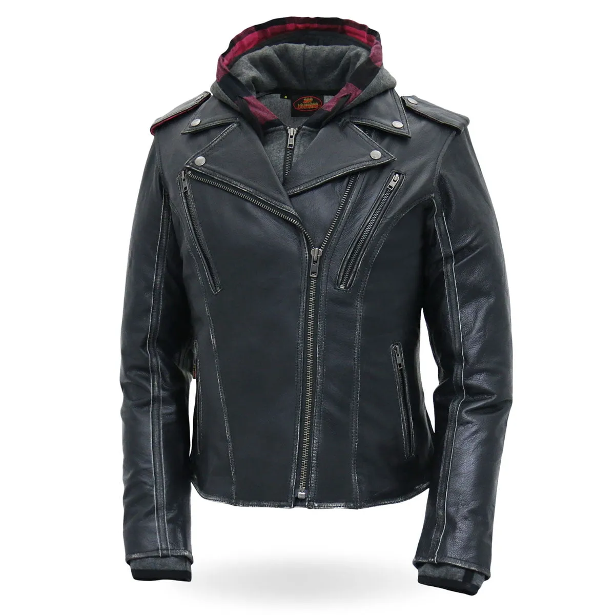 Hot Leathers JKL1033 Ladies Black Leather Jacket with Removable Hoodie