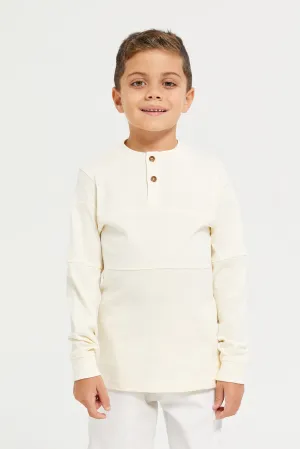 Junior Boys White Long Sleeve Cut & Sew Mandarin Tshirt