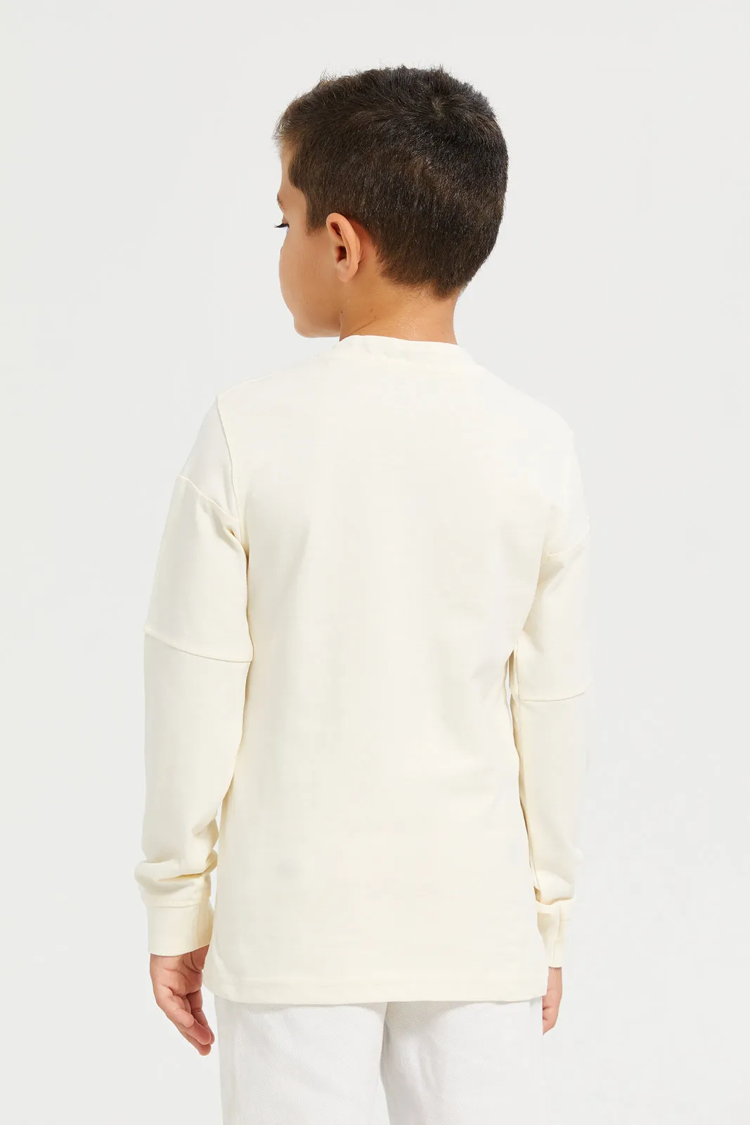 Junior Boys White Long Sleeve Cut & Sew Mandarin Tshirt