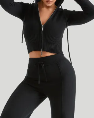 Knit Hooded High Waist Long Sleeved Trousers Suit (Pre-Sale)