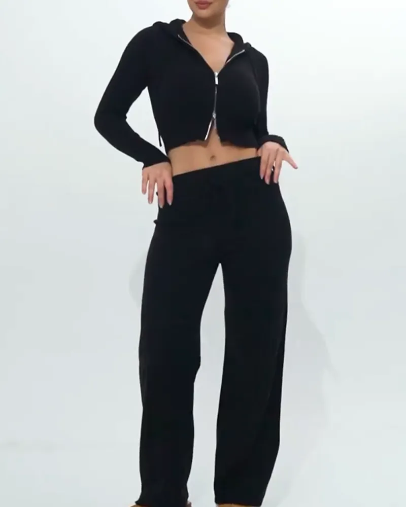 Knit Hooded High Waist Long Sleeved Trousers Suit (Pre-Sale)