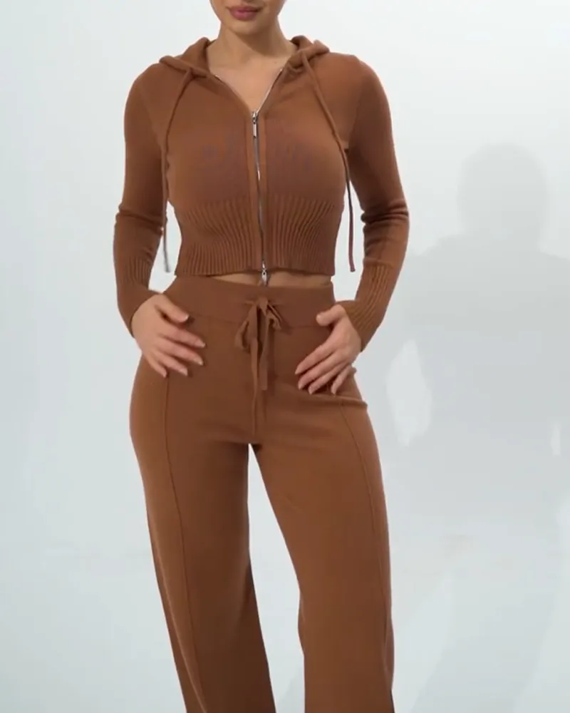 Knit Hooded High Waist Long Sleeved Trousers Suit (Pre-Sale)