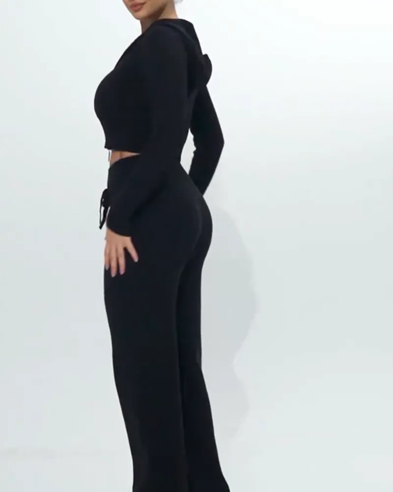 Knit Hooded High Waist Long Sleeved Trousers Suit (Pre-Sale)